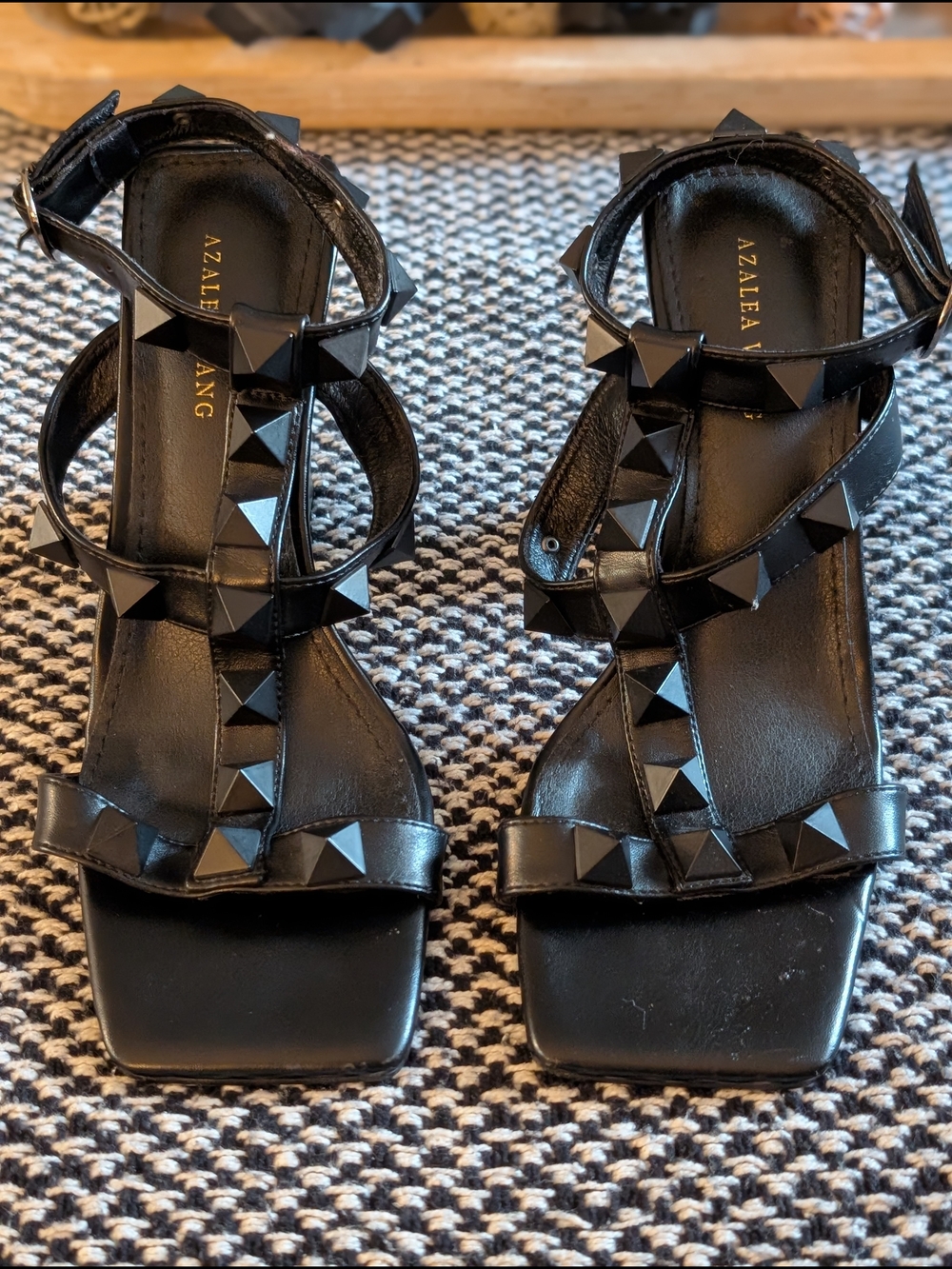 Azalea Wang Black Studded Chunky Heel Sandals